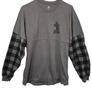 Walt Disney World Mickey Mouse Gray Black Plaid Long Sleeve Jersey Shirt Large